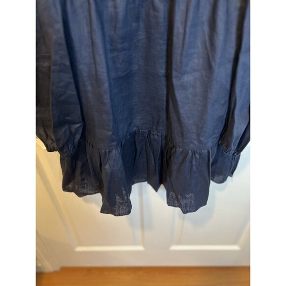 Quince 100% European Linen Smocked Mini Dress Large Navy Blue Puff Sleeves - Picture 6 of 10